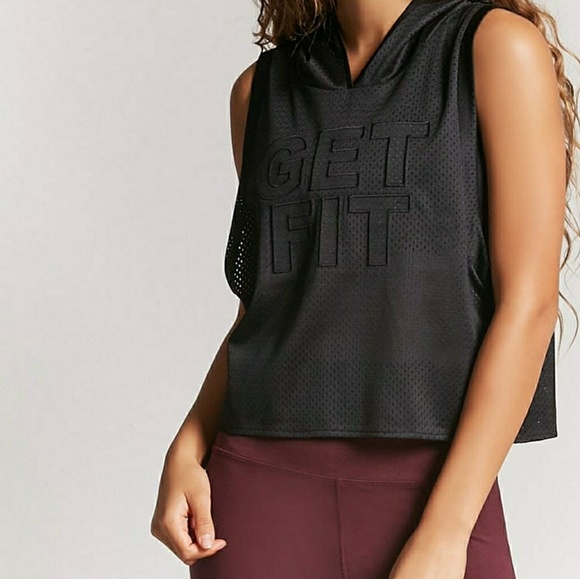 Tops - Black cropped hooded "get fit" sheer tank